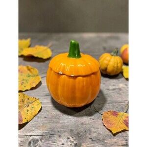 Ceramic Pumpkin Jar with Lid Orange Green Stem Fall Kitchen Decor